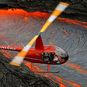 Helicopter flying over lava