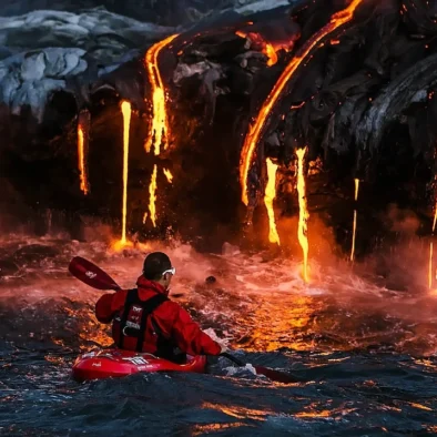 Kayaking next to Lava flow